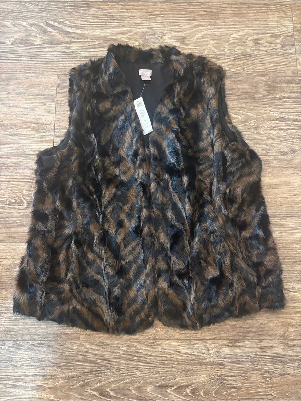 Chicos Black & Brown Faux Fur Open Front Vest Women's Size 16 XL / Chicos Size 3